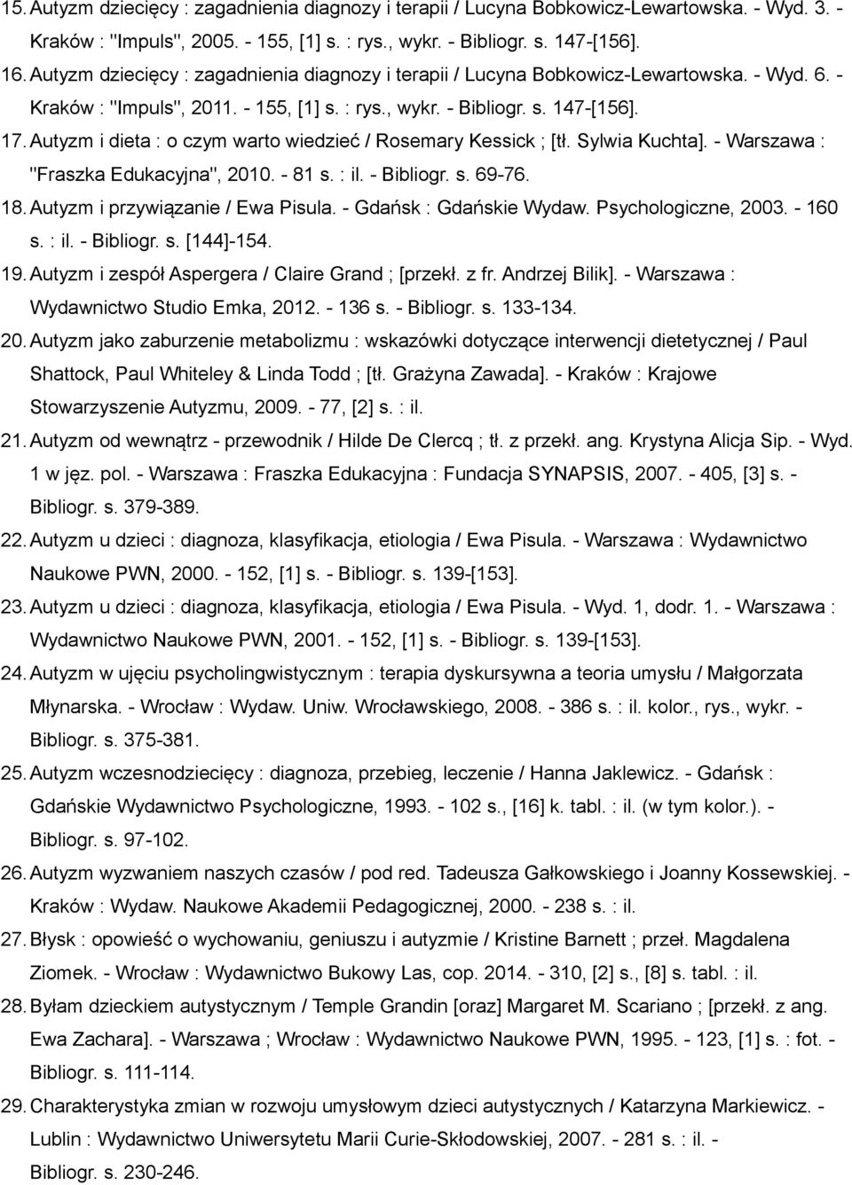 Autyzm i dieta : o czym warto wiedzieć / Rosemary Kessick ; [tł. Sylwia Kuchta]. - Warszawa : "Fraszka Edukacyjna", 2010. - 81 s. : il. - Bibliogr. s. 69-76. 18.Autyzm i przywiązanie / Ewa Pisula.