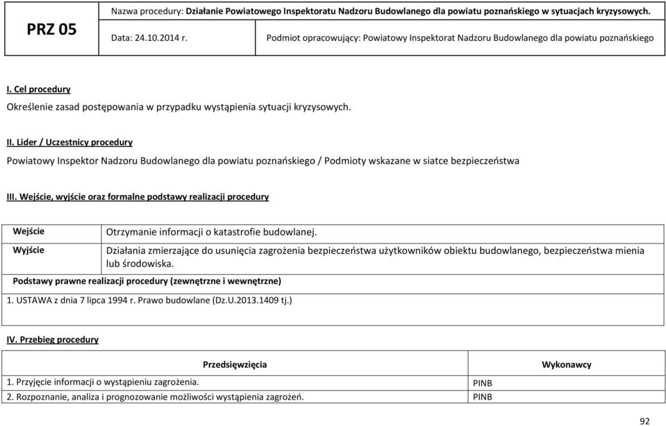 Lider / Uczestnicy procedury Powiatowy Inspektor Nadzoru Budowlanego dla powiatu poznańskiego / Podmioty wskazane w siatce bezpieczeństwa III.