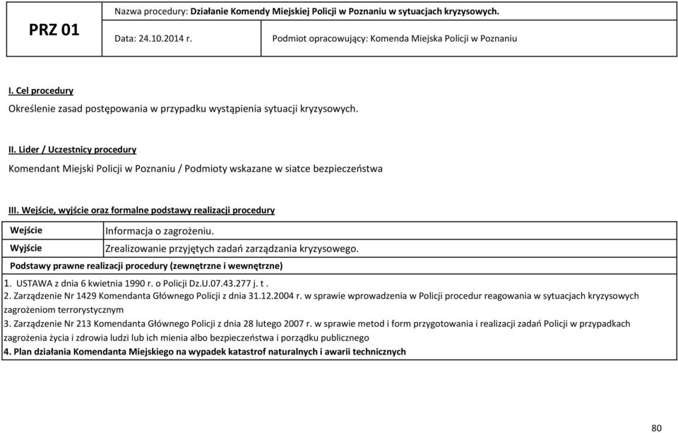 Lider / Uczestnicy procedury Komendant Miejski Policji w Poznaniu / Podmioty wskazane w siatce bezpieczeństwa III.