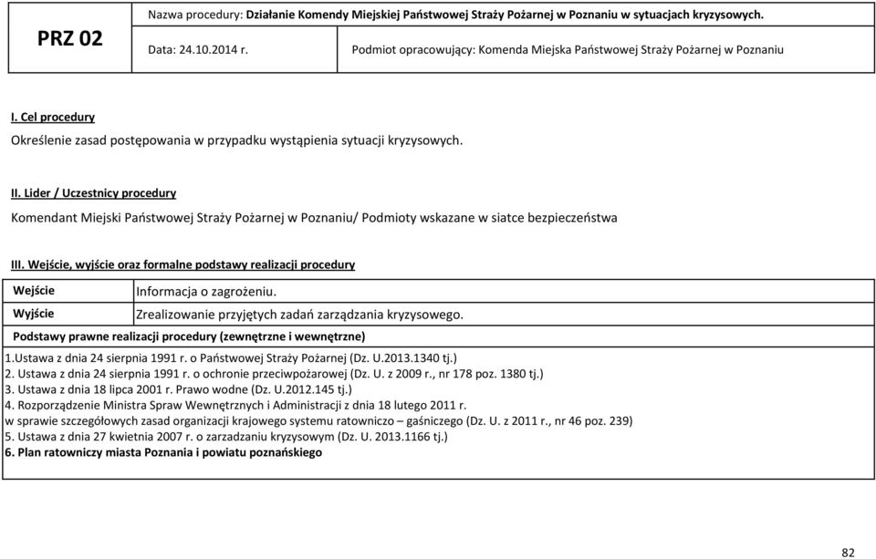 Lider / Uczestnicy procedury Komendant Miejski Państwowej Straży Pożarnej w Poznaniu/ Podmioty wskazane w siatce bezpieczeństwa III.