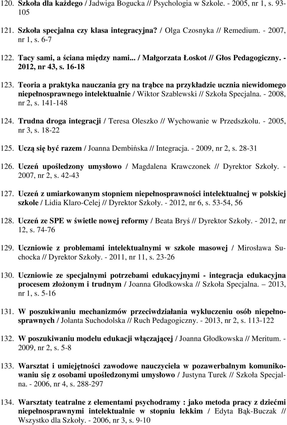 Teoria a praktyka nauczania gry na trąbce na przykładzie ucznia niewidomego niepełnosprawnego intelektualnie / Wiktor Szablewski // Szkoła Specjalna. - 2008, nr 2, s. 141-148 124.