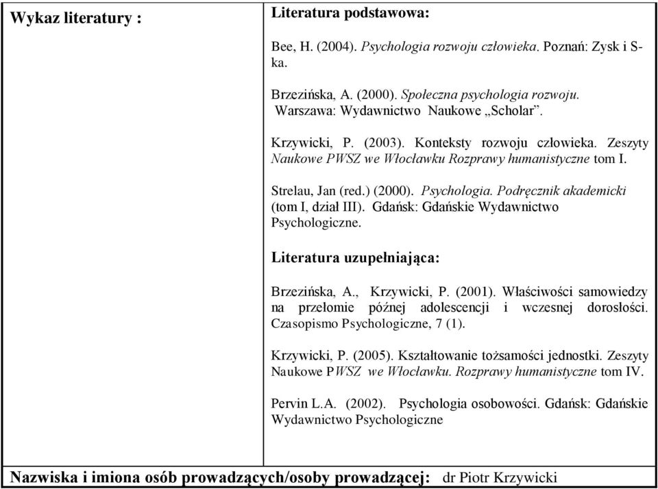 Podręcznik akademicki (tom I, dział III). Gdańsk: Gdańskie Wydawnictwo Psychologiczne. Literatura uzupełniająca: Brzezińska, A., Krzywicki, P. (2001).