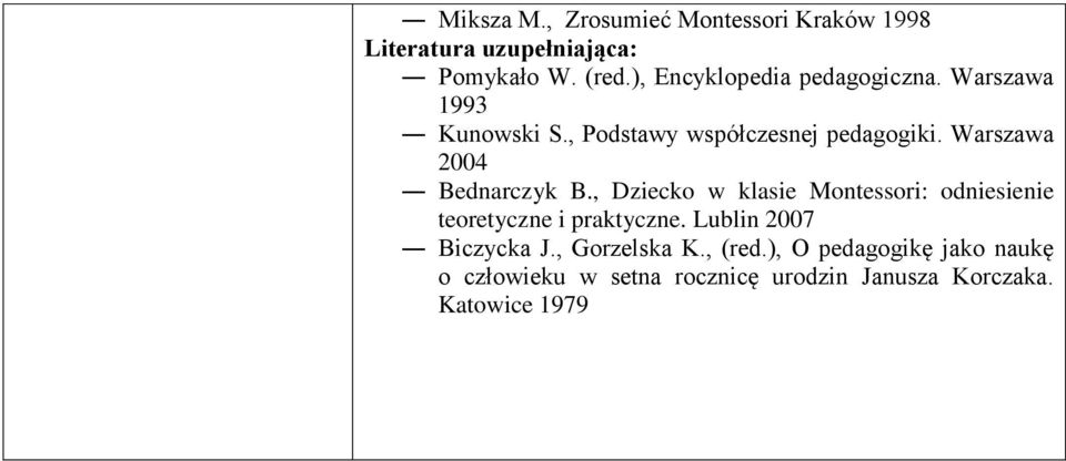 Warszawa 2004 Bednarczyk B., Dziecko w klasie Montessori: odniesienie teoretyczne i praktyczne.