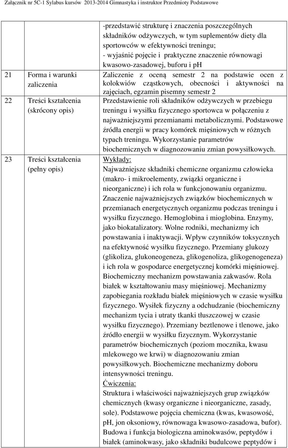 aktywności na zajęciach, egzamin pisemny semestr 2 Przedstawienie roli składników odżywczych w przebiegu treningu i wysiłku fizycznego sportowca w połączeniu z najważniejszymi przemianami