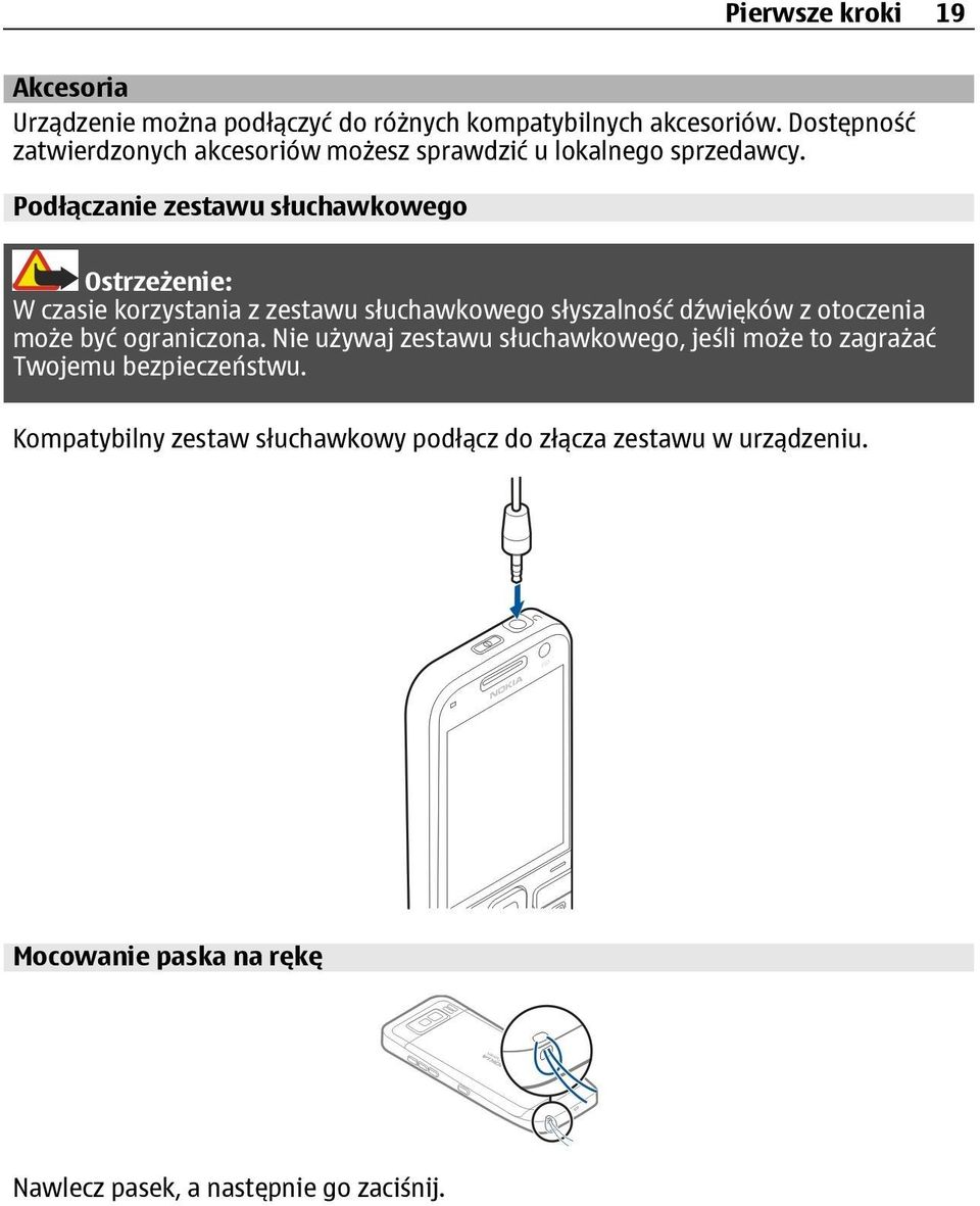 Podłączanie zestawu słuchawkowego Ostrzeżenie: W czasie korzystania z zestawu słuchawkowego słyszalność dźwięków z otoczenia może być