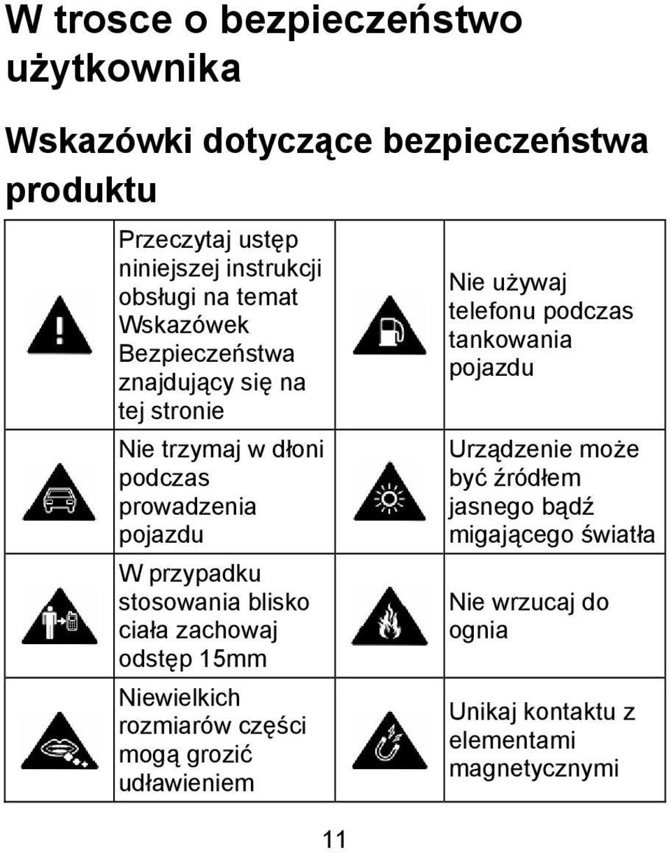 stosowania blisko ciała zachowaj odstęp 15mm Niewielkich rozmiarów części mogą grozić udławieniem 11 Nie używaj telefonu podczas