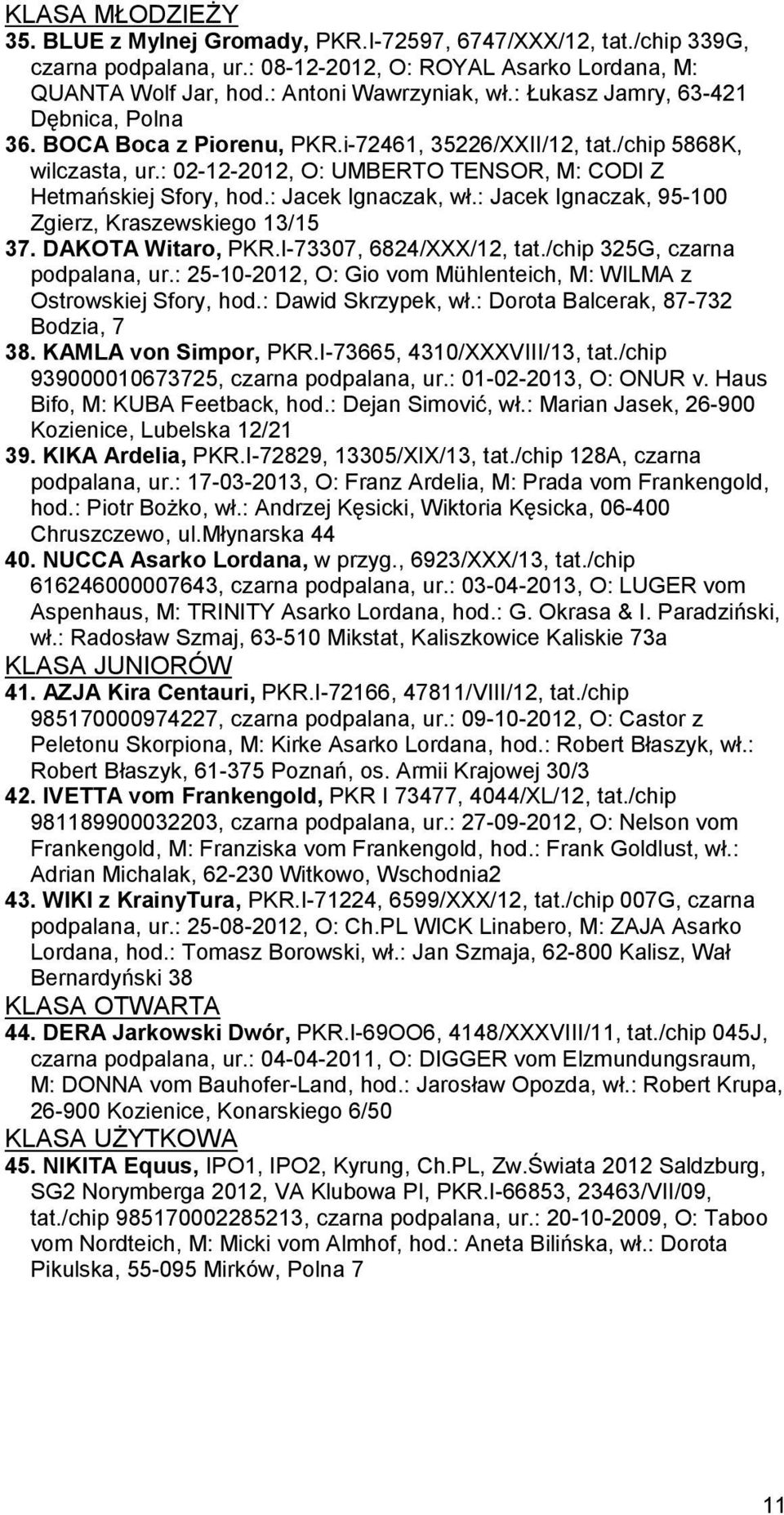 : Jacek Ignaczak, wł.: Jacek Ignaczak, 95-100 Zgierz, Kraszewskiego 13/15 37. DAKOTA Witaro, PKR.I-73307, 6824/XXX/12, tat./chip 325G, czarna podpalana, ur.