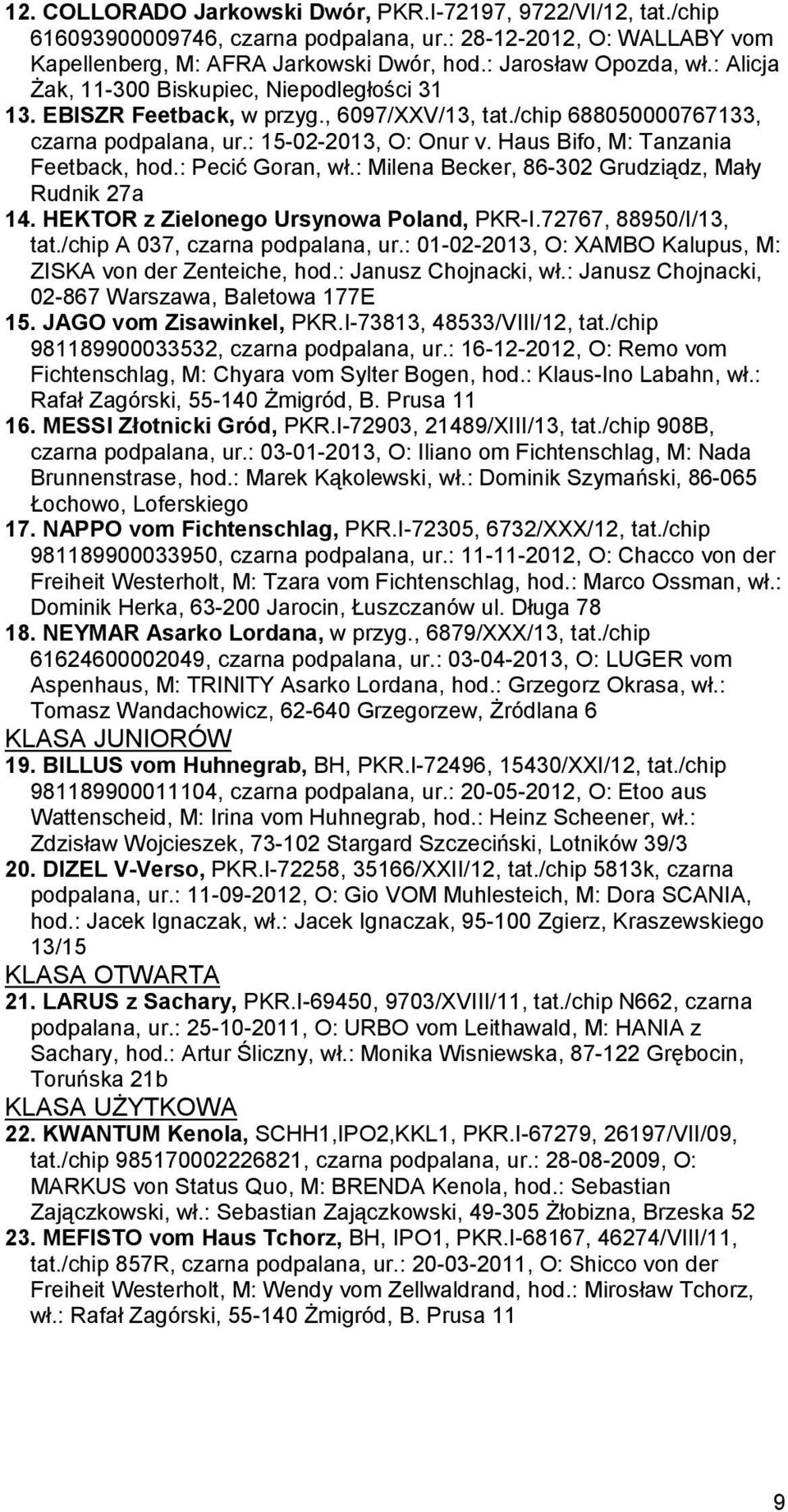 Haus Bifo, M: Tanzania Feetback, hod.: Pecić Goran, wł.: Milena Becker, 86-302 Grudziądz, Mały Rudnik 27a 14. HEKTOR z Zielonego Ursynowa Poland, PKR-I.72767, 88950/I/13, tat.