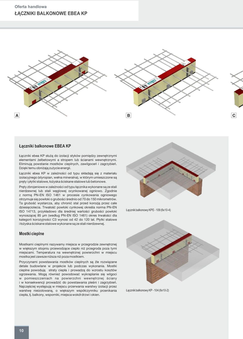 Łączniki ebea KP w zależności od typu składają się z materiału izolacyjnego (styropian, wełna mineralna), w którym umieszczone są pręty i płytki stalowe, łożyska ściskane stalowe lub betonowe.