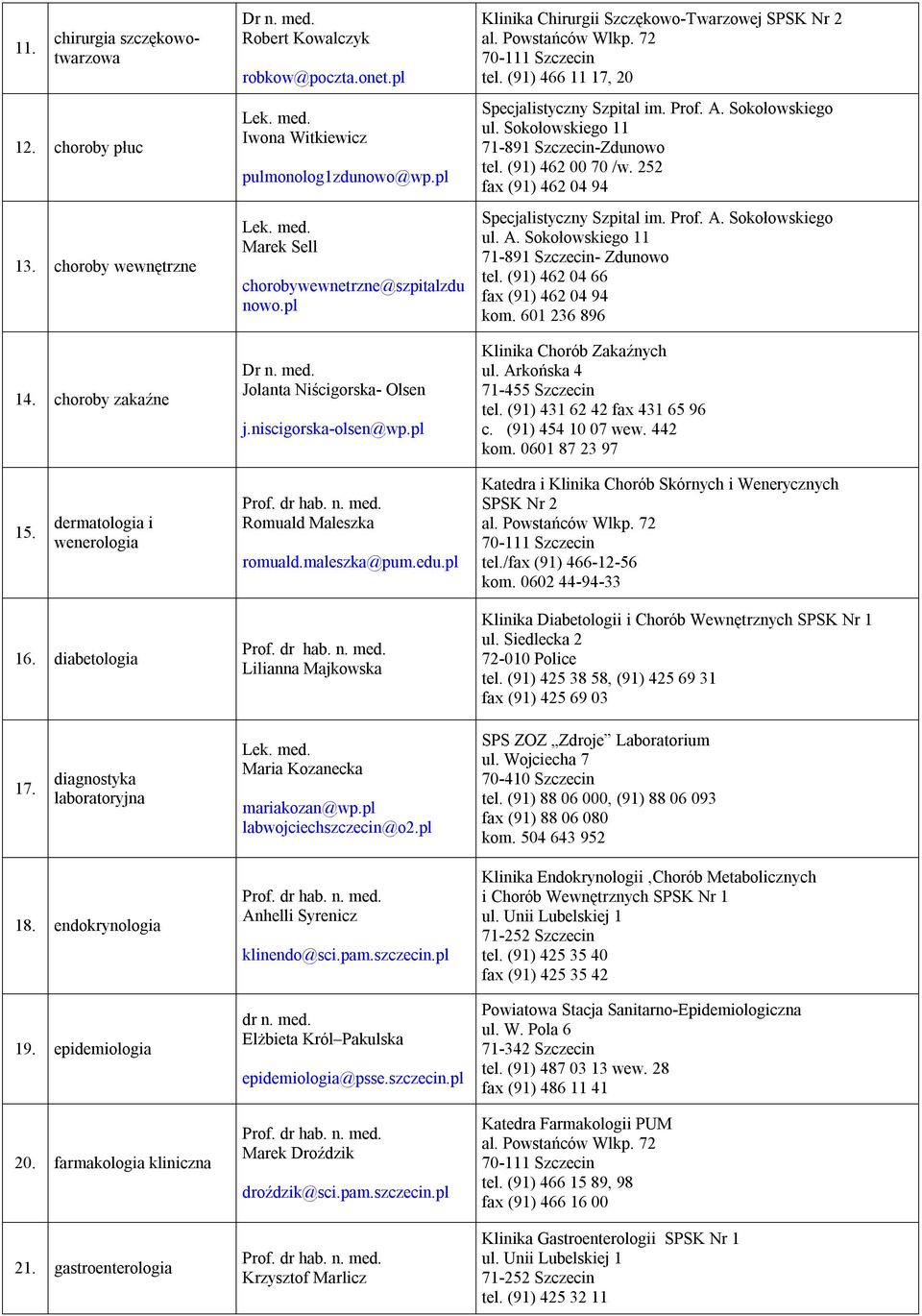 (91) 466 11 17, 20 Specjalistyczny Szpital im. Prof. A. Sokołowskiego ul. Sokołowskiego 11 71-891 Szczecin-Zdunowo tel. (91) 462 00 70 /w. 252 fax (91) 462 04 94 Specjalistyczny Szpital im. Prof. A. Sokołowskiego ul. A. Sokołowskiego 11 71-891 Szczecin- Zdunowo tel.