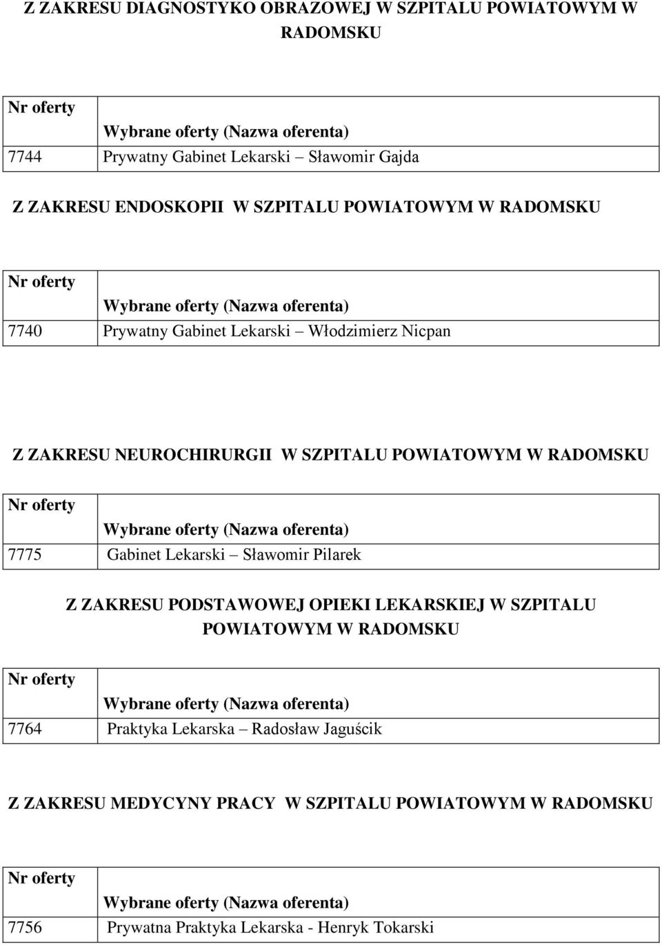 RADOMSKU 7775 Gabinet Lekarski Sławomir Pilarek Z ZAKRESU PODSTAWOWEJ OPIEKI LEKARSKIEJ W SZPITALU POWIATOWYM W RADOMSKU 7764