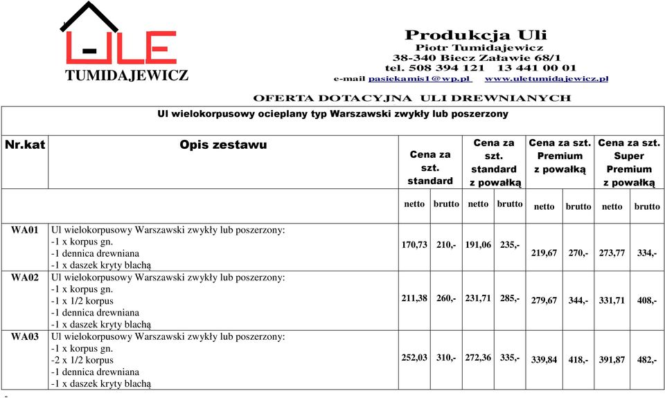 -1 dennica drewniana -1 x daszek kryty blachą Ul wielokorpusowy Warszawski zwykły lub poszerzony: -1 x korpus gn.