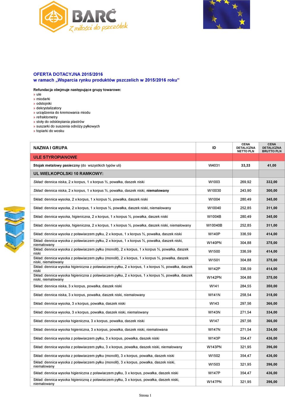 pl e-mail: lyson@pl OFERTA DOTACYJNA 2015/2016 w ramach Wsparcia rynku produktów pszczelich w 2015/2016 roku Refundacja obejmuje następujące grupy towarowe:» ule» miodarki» odstojniki»