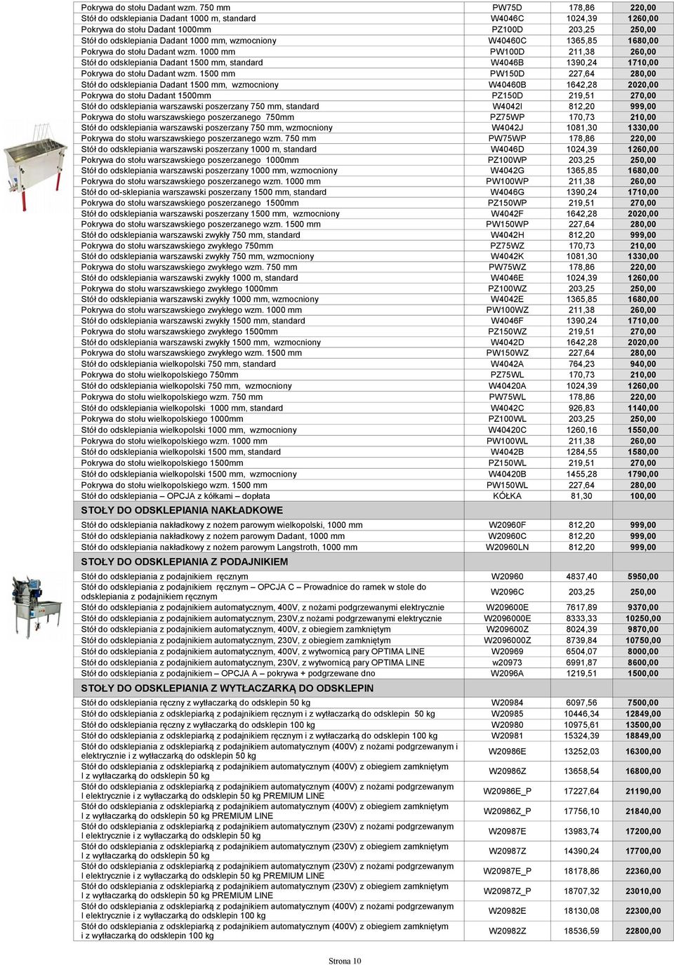 W40460C 1365,85 1680,00  1000 mm PW100D 211,38 260,00 Stół do odsklepiania Dadant 1500 mm, standard W4046B 1390,24 1710,00  1500 mm PW150D 227,64 280,00 Stół do odsklepiania Dadant 1500 mm,