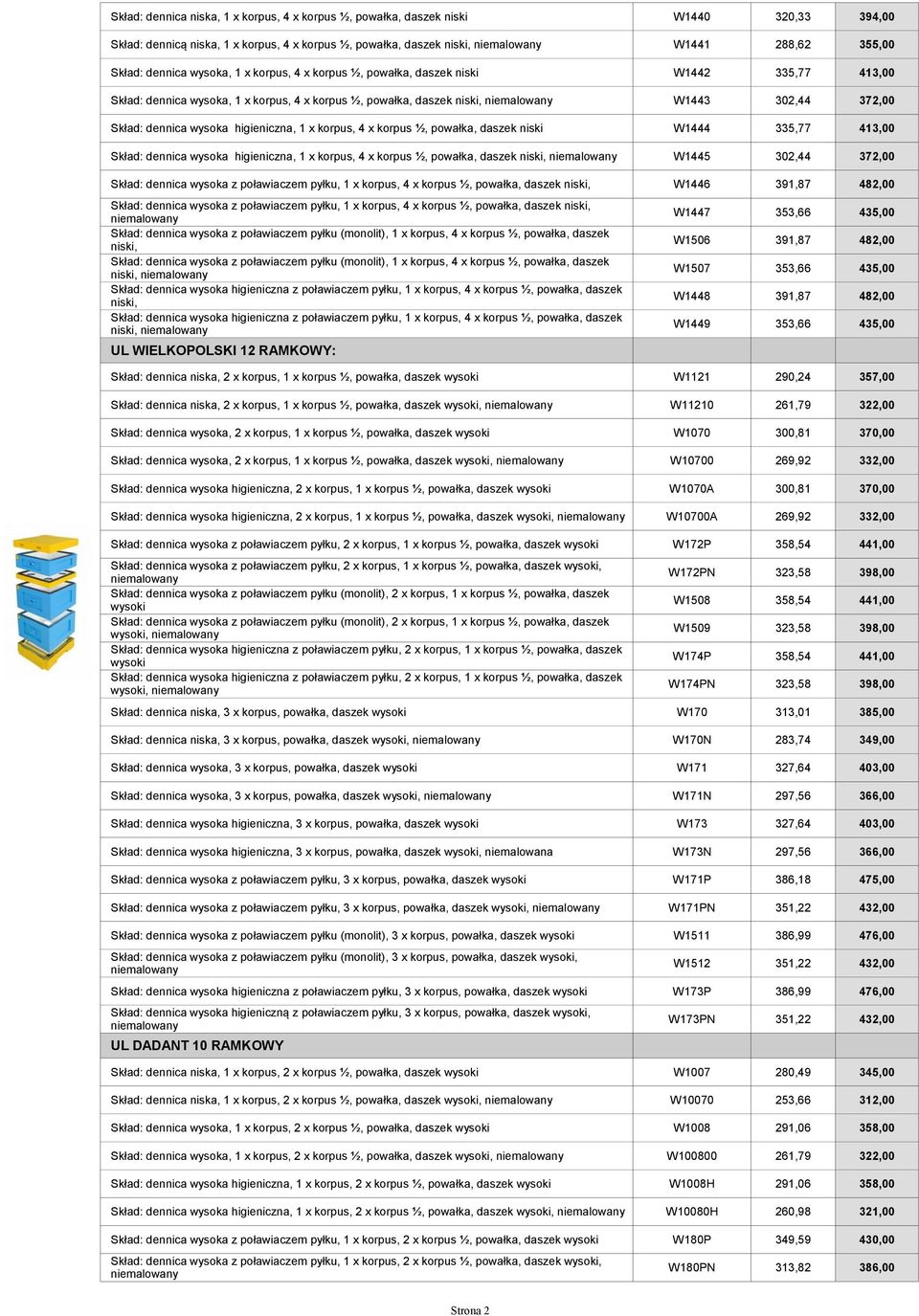 higieniczna, 1 x korpus, 4 x korpus ½, powałka, daszek niski W1444 335,77 413,00 Skład: dennica wysoka higieniczna, 1 x korpus, 4 x korpus ½, powałka, daszek niski, W1445 302,44 372,00 Skład: dennica