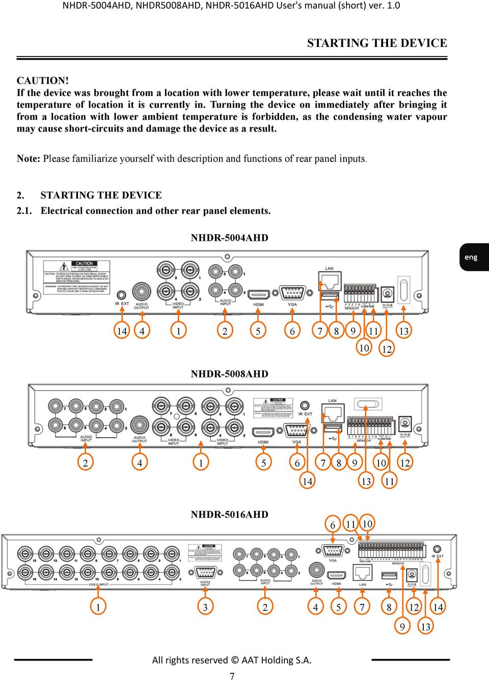 Turning the device on immediately after bringing it from a location with lower ambient temperature is forbidden, as the condensing water vapour may cause short-circuits and damage the device as a