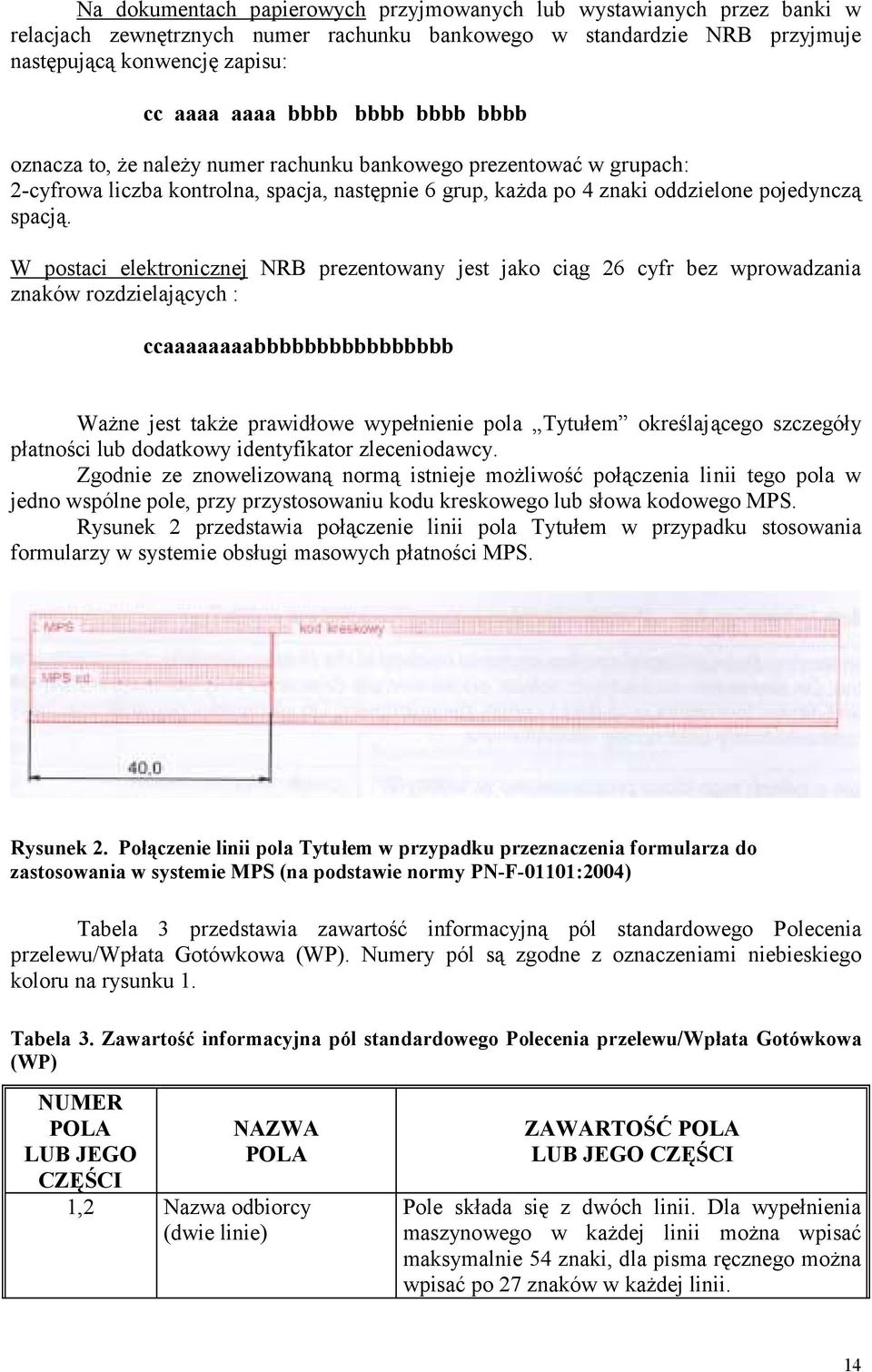 W postaci elektronicznej NRB prezentowany jest jako ciąg 26 cyfr bez wprowadzania znaków rozdzielających : ccaaaaaaaabbbbbbbbbbbbbbbb Ważne jest także prawidłowe wypełnienie pola Tytułem