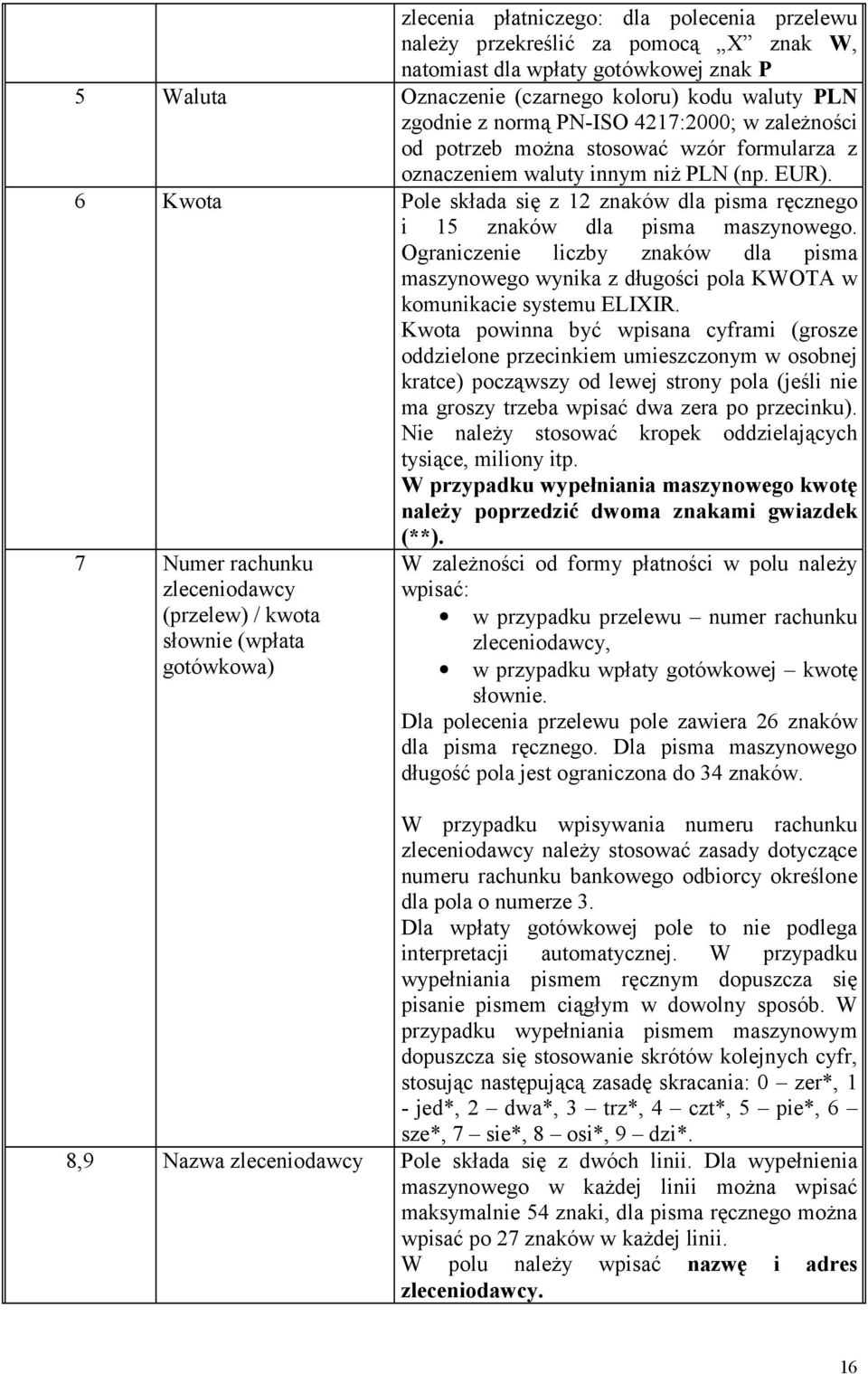 6 Kwota Pole składa się z 12 znaków dla pisma ręcznego i 15 znaków dla pisma maszynowego. Ograniczenie liczby znaków dla pisma maszynowego wynika z długości pola KWOTA w komunikacie systemu ELIXIR.