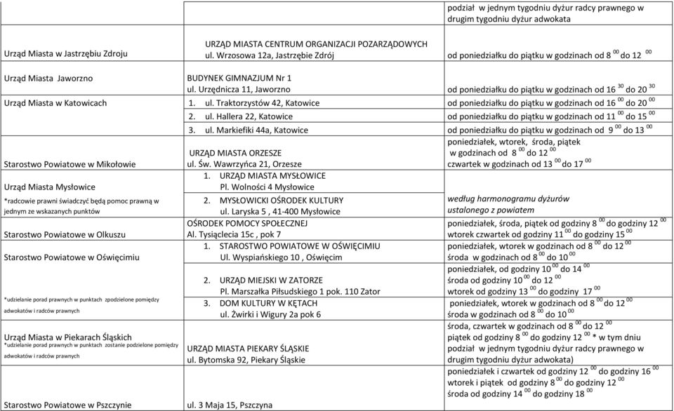 Urzędnicza 11, Jaworzno od poniedziałku do piątku w godzinach od 16 30 do 20 30 Urząd Miasta w Katowicach 1. ul.