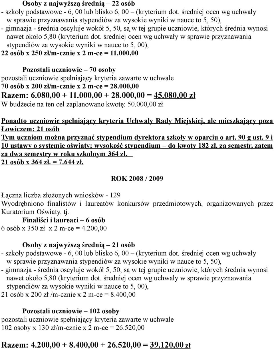 około 5,80 (kryterium dot. średniej ocen wg uchwały w sprawie przyznawania stypendiów za wysokie wyniki w nauce to 5, 00), 22 osób x 250 zł/m-cznie x 2 m-ce = 11.