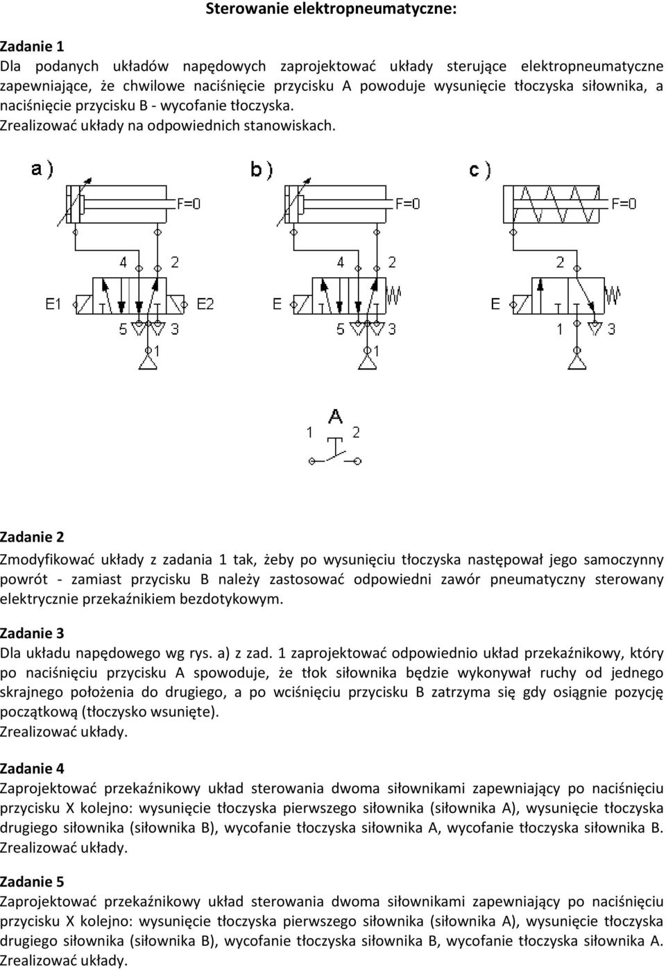 Zadanie Zmodyfikować układy z zadania 1 tak, żeby po wysunięciu tłoczyska następował jego samoczynny powrót - zamiast przycisku B należy zastosować odpowiedni zawór pneumatyczny sterowany
