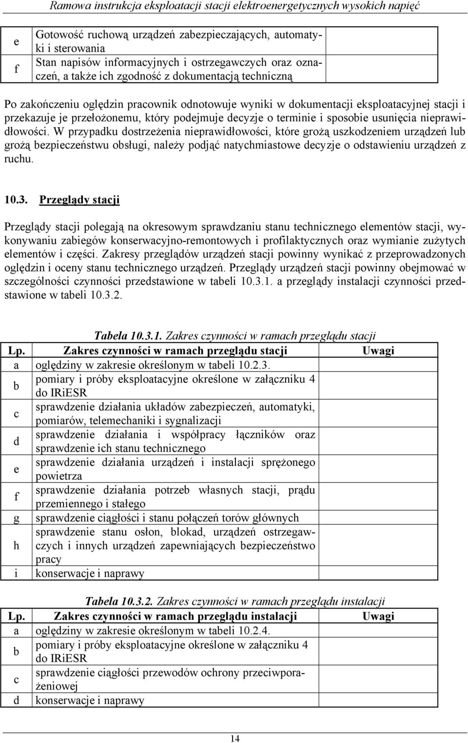 W przypadku dostrzeżenia nieprawidłowości, które grożą uszkodzeniem urządzeń lub grożą bezpieczeństwu obsługi, należy podjąć natychmiastowe decyzje o odstawieniu urządzeń z ruchu. 10.3.