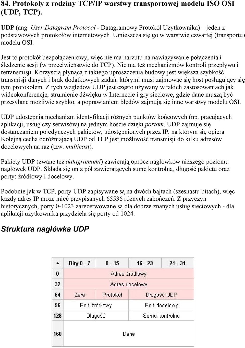 Nie ma też mechanizmów kontroli przepływu i retransmisji.