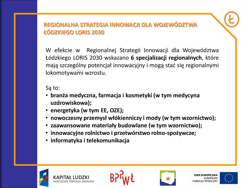 Są to: branża medyczna, farmacja i kosmetyki (w tym medycyna uzdrowiskowa); energetyka (w tym EE, OZE); nowoczesny przemysł włókienniczy i mody