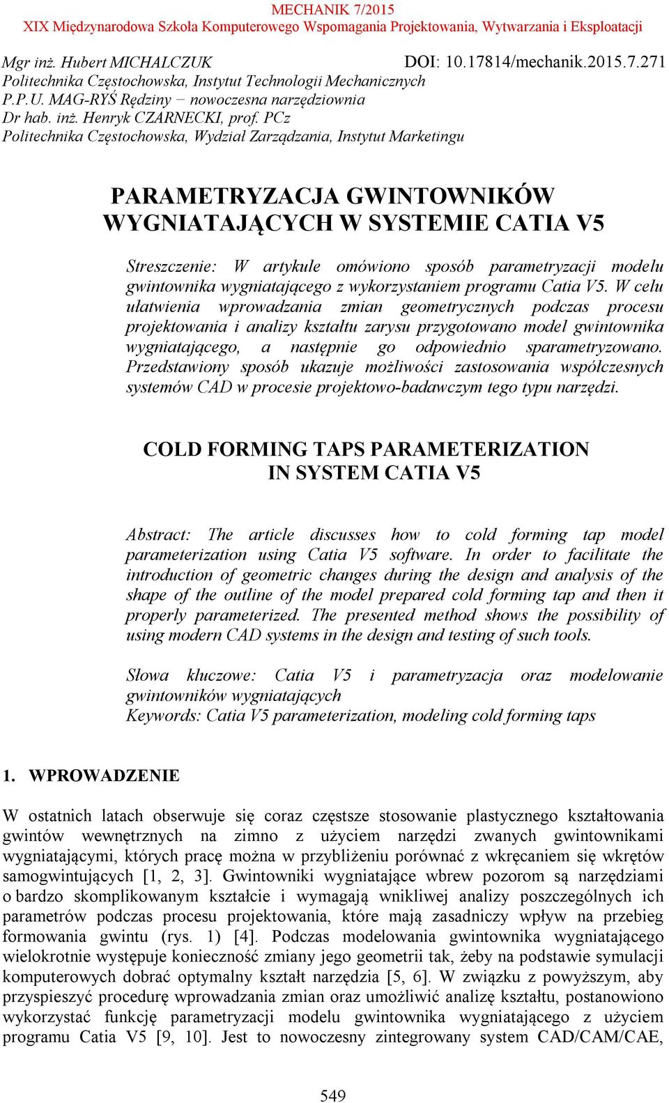 gwintownika wygniatającego z wykorzystaniem programu Catia V5.