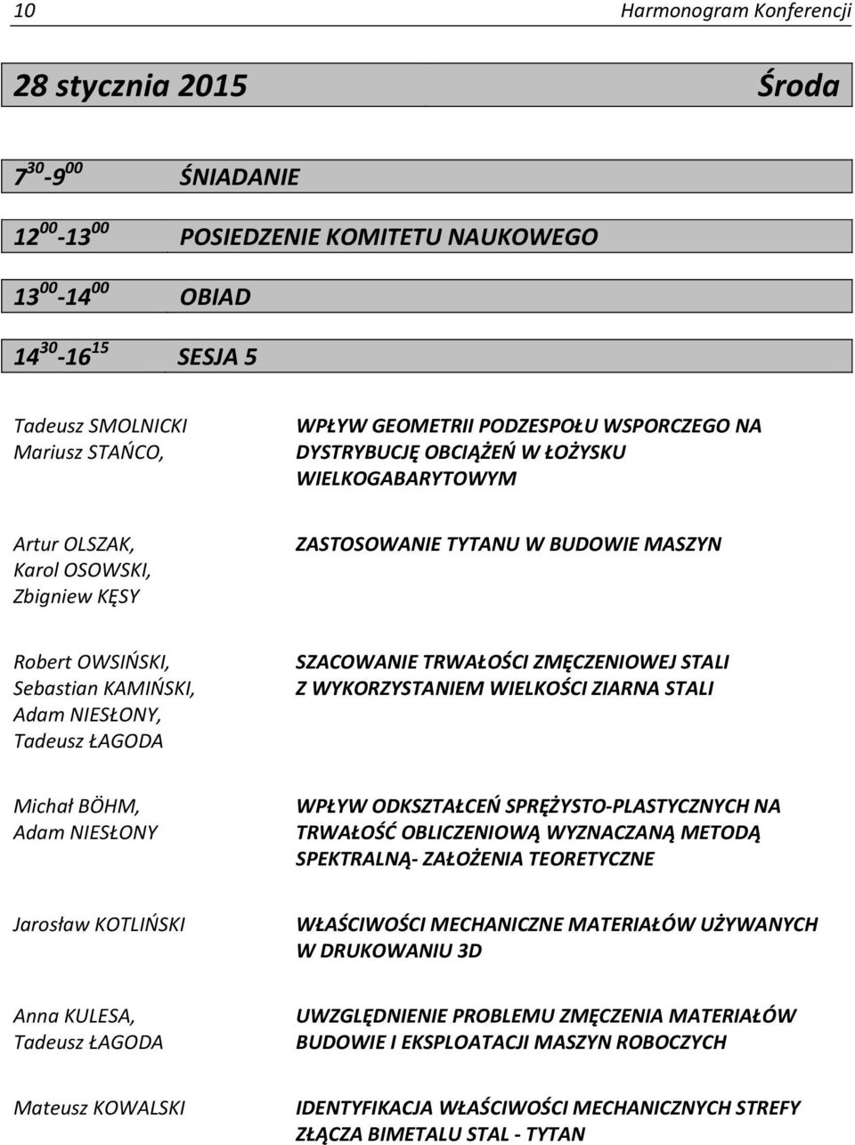 KAMIŃSKI, Adam NIESŁONY, Tadeusz ŁAGODA SZACOWANIE TRWAŁOŚCI ZMĘCZENIOWEJ STALI Z WYKORZYSTANIEM WIELKOŚCI ZIARNA STALI Michał BÖHM, Adam NIESŁONY WPŁYW ODKSZTAŁCEŃ SPRĘŻYSTO-PLASTYCZNYCH NA TRWAŁOŚĆ