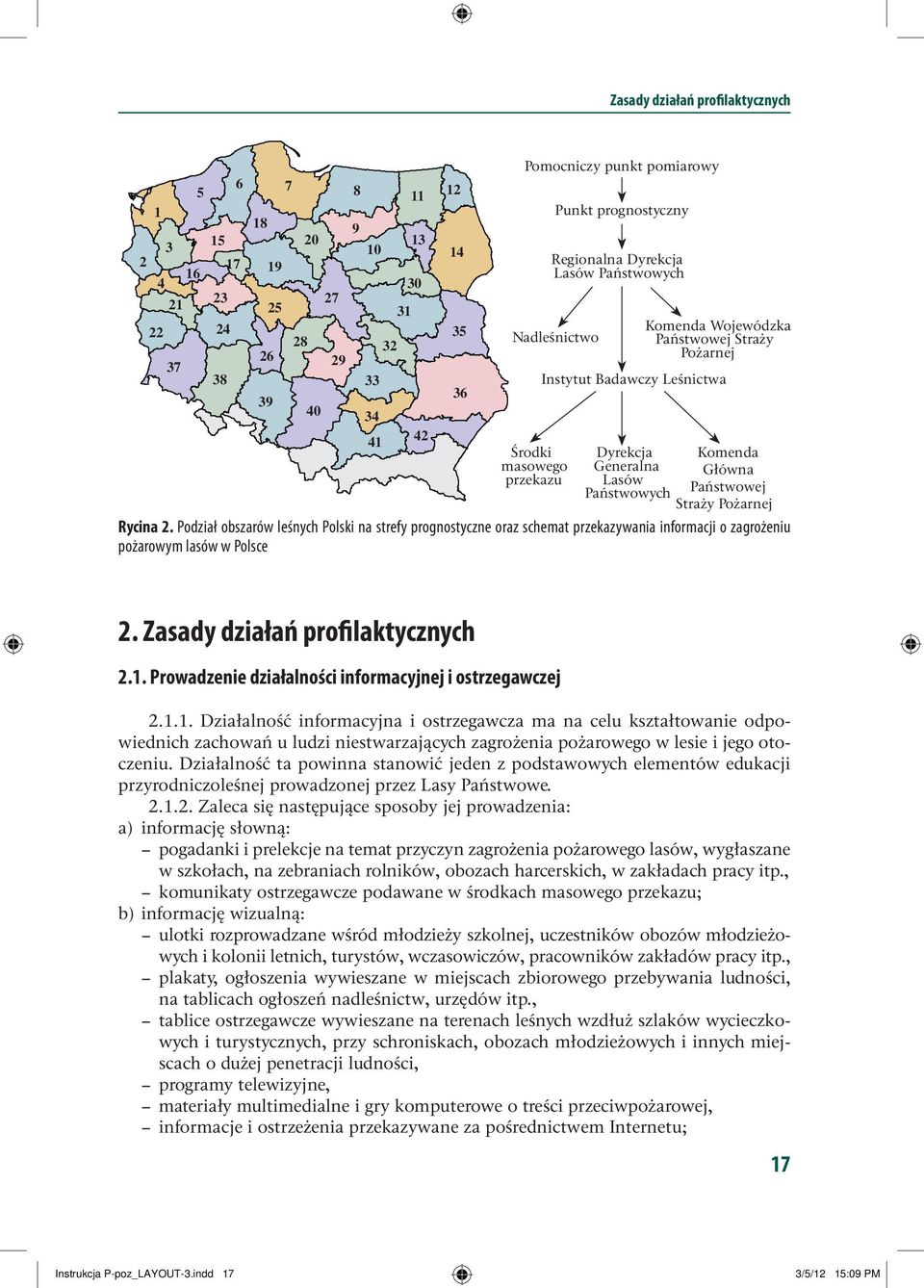 Państwowych Państwowej Straży Pożarnej Rycina 2. Podział obszarów leśnych Polski na strefy prognostyczne oraz schemat przekazywania informacji o zagrożeniu pożarowym lasów w Polsce 2.