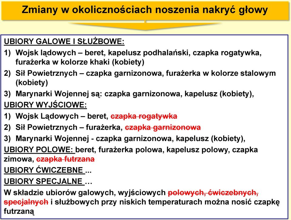 rogatywka 2) Sił Powietrznych furażerka, czapka garnizonowa 3) Marynarki Wojennej - czapka garnizonowa, kapelusz (kobiety), UBIORY POLOWE: beret, furażerka polowa, kapelusz polowy, czapka