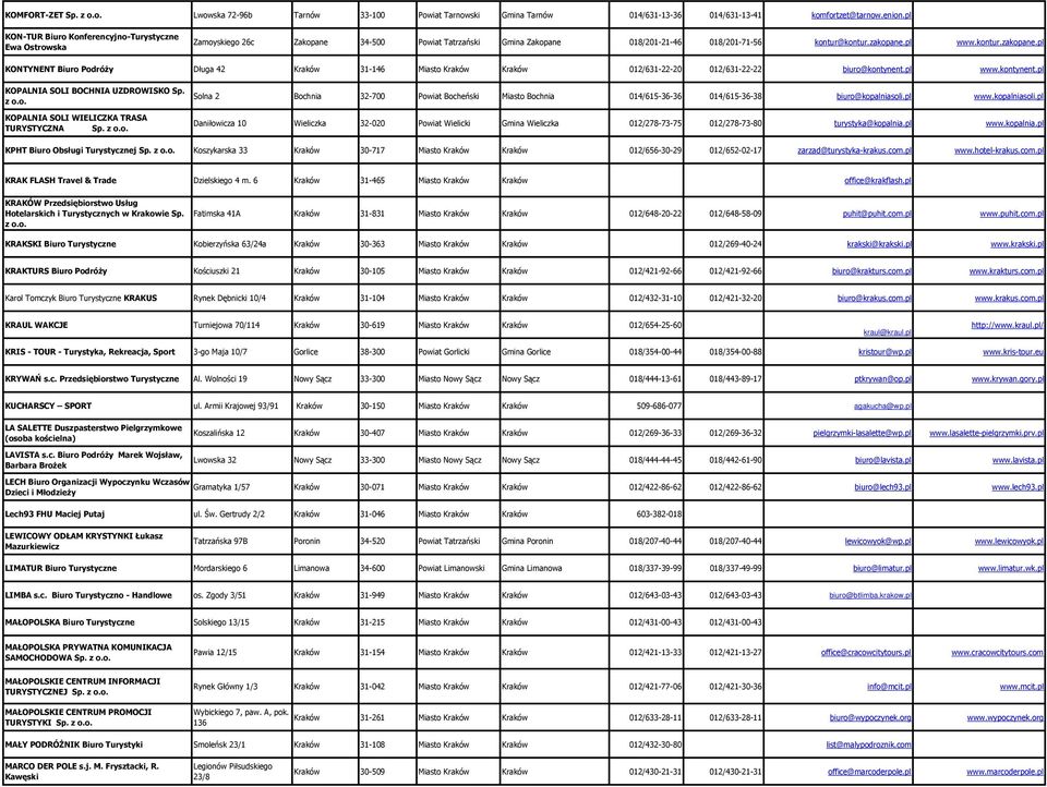 pl www.kontur.zakopane.pl KONTYNENT Biuro PodróŜy Długa 42 Kraków 31-146 Miasto Kraków Kraków 012/631-22-20 012/631-22-22 biuro@kontynent.pl www.kontynent.pl KOPALNIA SOLI BOCHNIA UZDROWISKO Sp. z o.