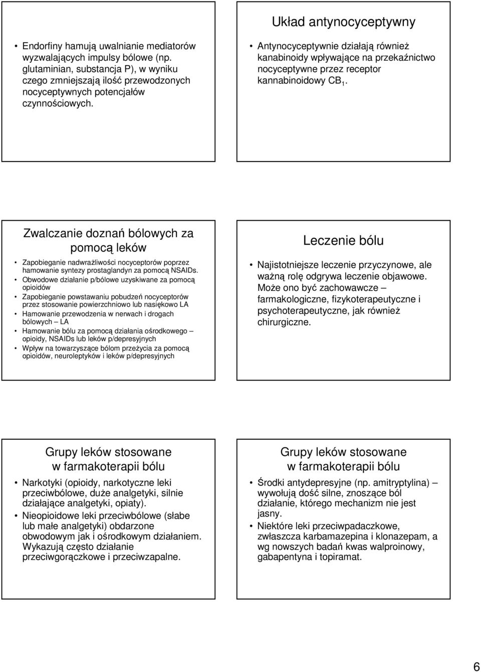 Antynocyceptywnie działają równieŝ kanabinoidy wpływające na przekaźnictwo nocyceptywne przez receptor kannabinoidowy CB 1.