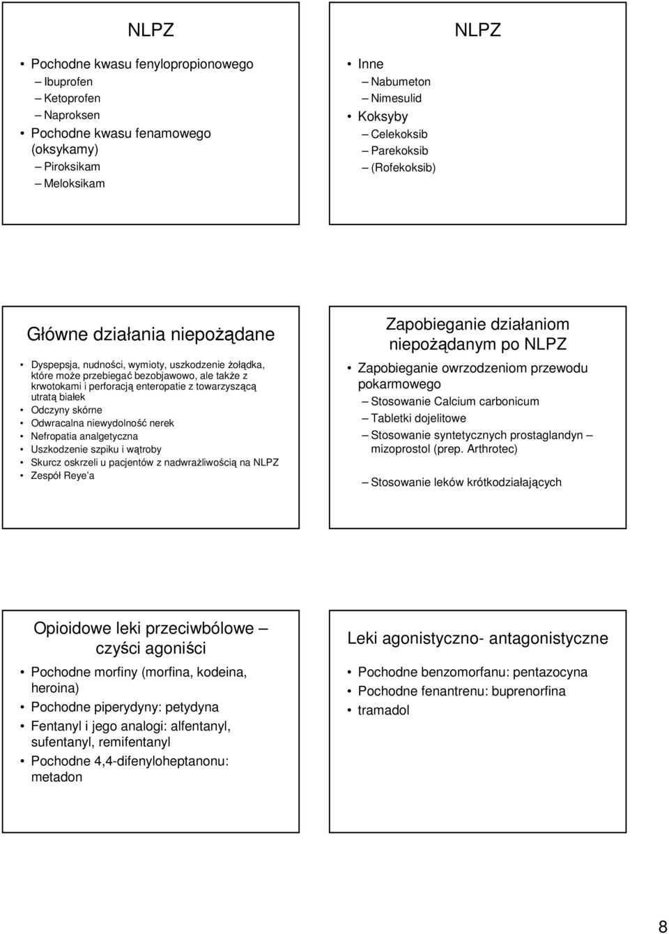 białek Odczyny skórne Odwracalna niewydolność nerek Nefropatia analgetyczna Uszkodzenie szpiku i wątroby Skurcz oskrzeli u pacjentów z nadwraŝliwością na NLPZ Zespół Reye a Zapobieganie działaniom