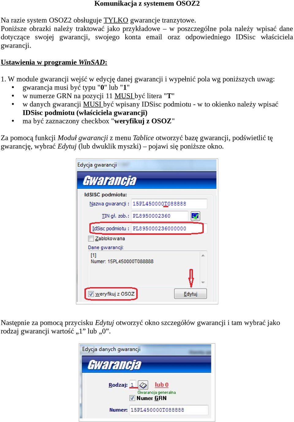 Ustawienia w programie WinSAD: 1.