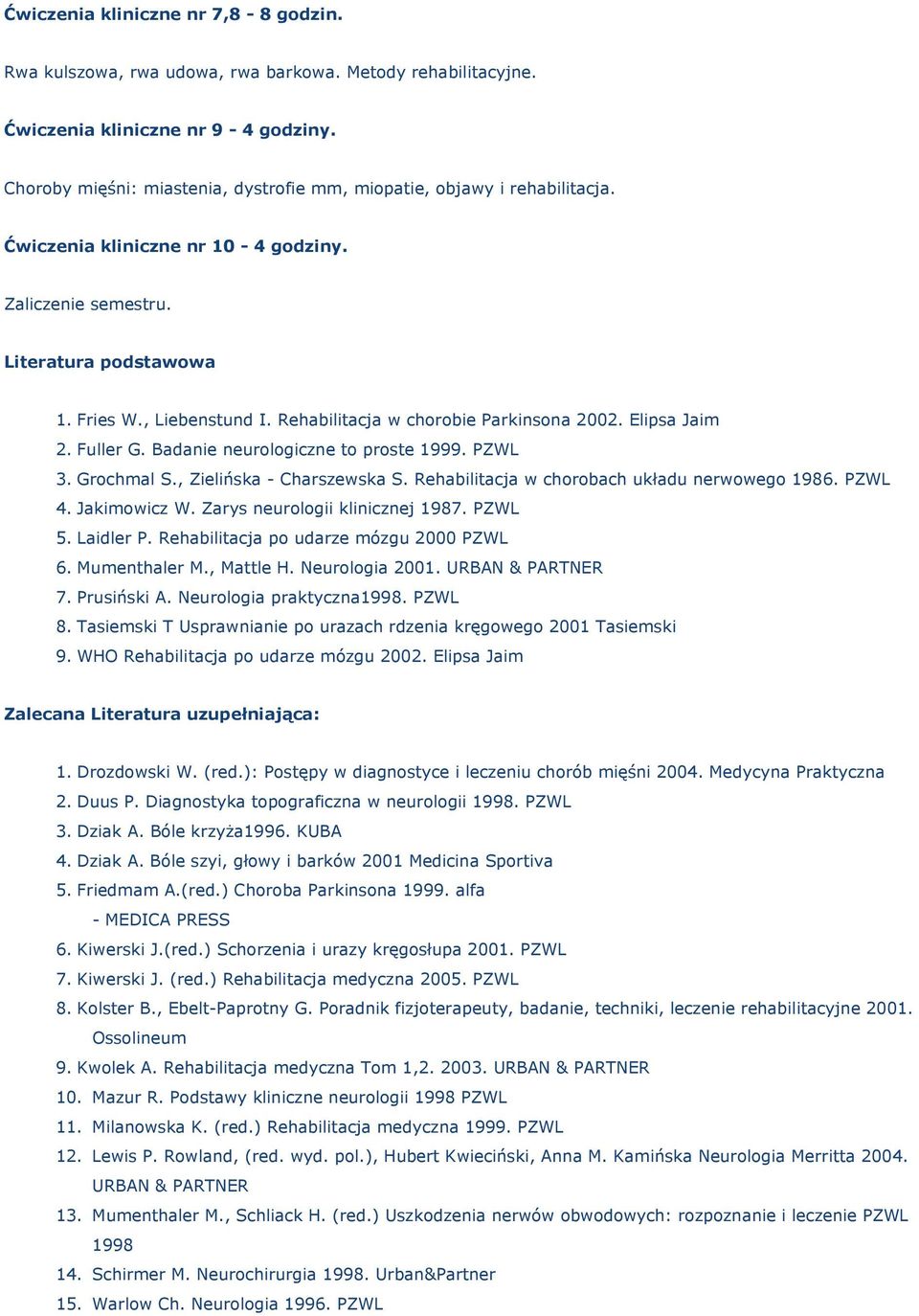 Rehabilitacja w chorobie Parkinsona 2002. Elipsa Jaim 2. Fuller G. Badanie neurologiczne to proste 1999. PZWL 3. Grochmal S., Zielińska - Charszewska S.