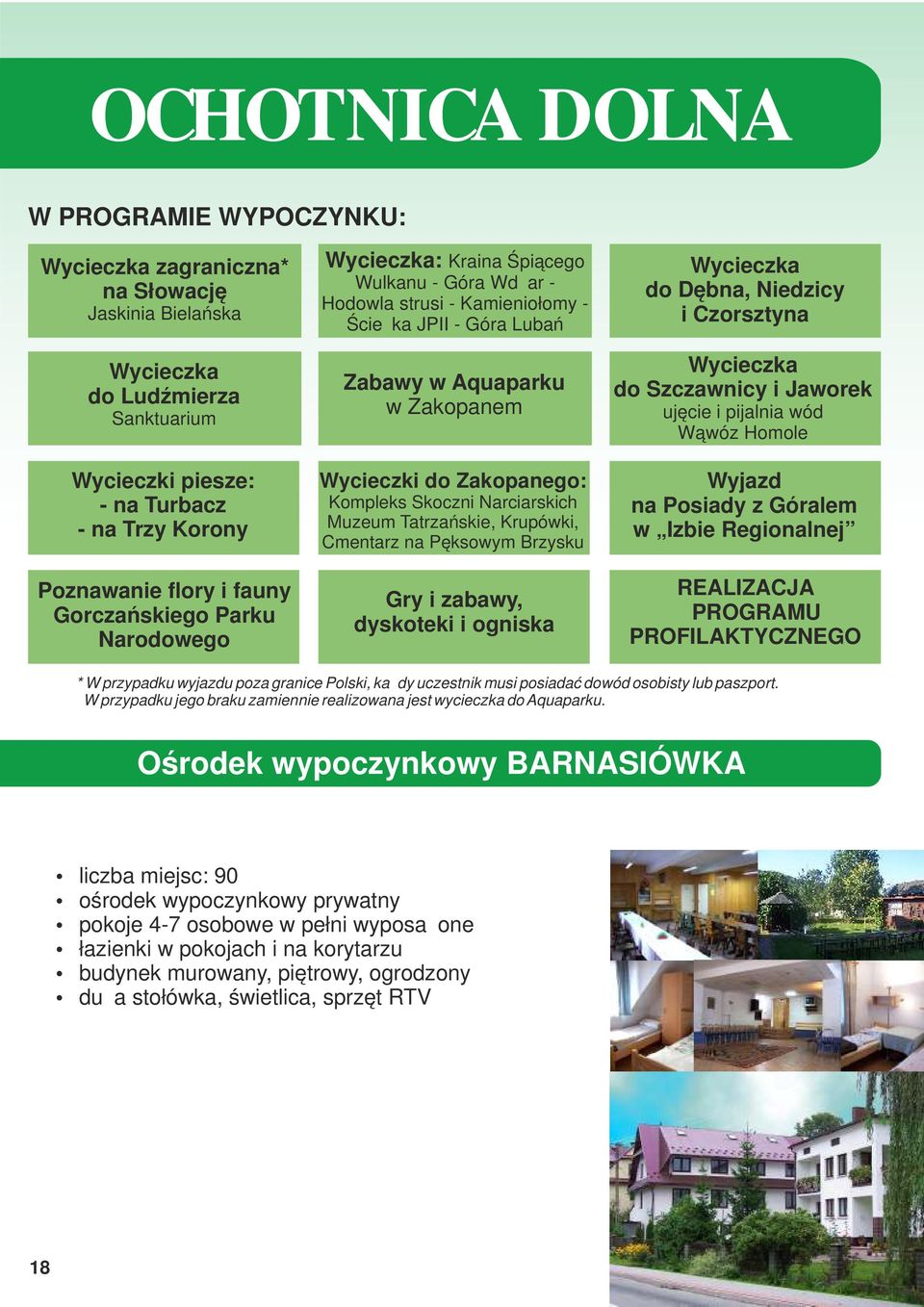 Narciarskich Muzeum Tatrzańskie, Krupówki, Cmentarz na Pęksowym Brzysku Gry i zabawy, dyskoteki i ogniska do Dębna, Niedzicy i Czorsztyna do Szczawnicy i Jaworek ujęcie i pijalnia wód Wąwóz Homole