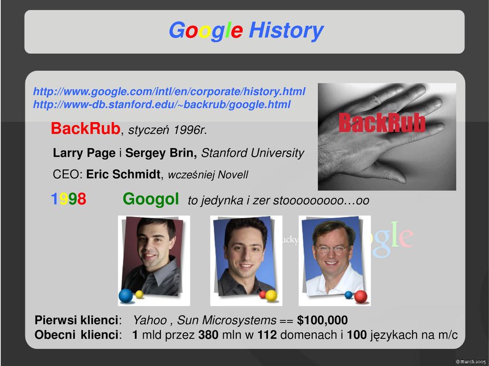 Larry Page i Sergey Brin, Stanford University CEO: Eric Schmidt, wcześniej Novell 1998 Googol to