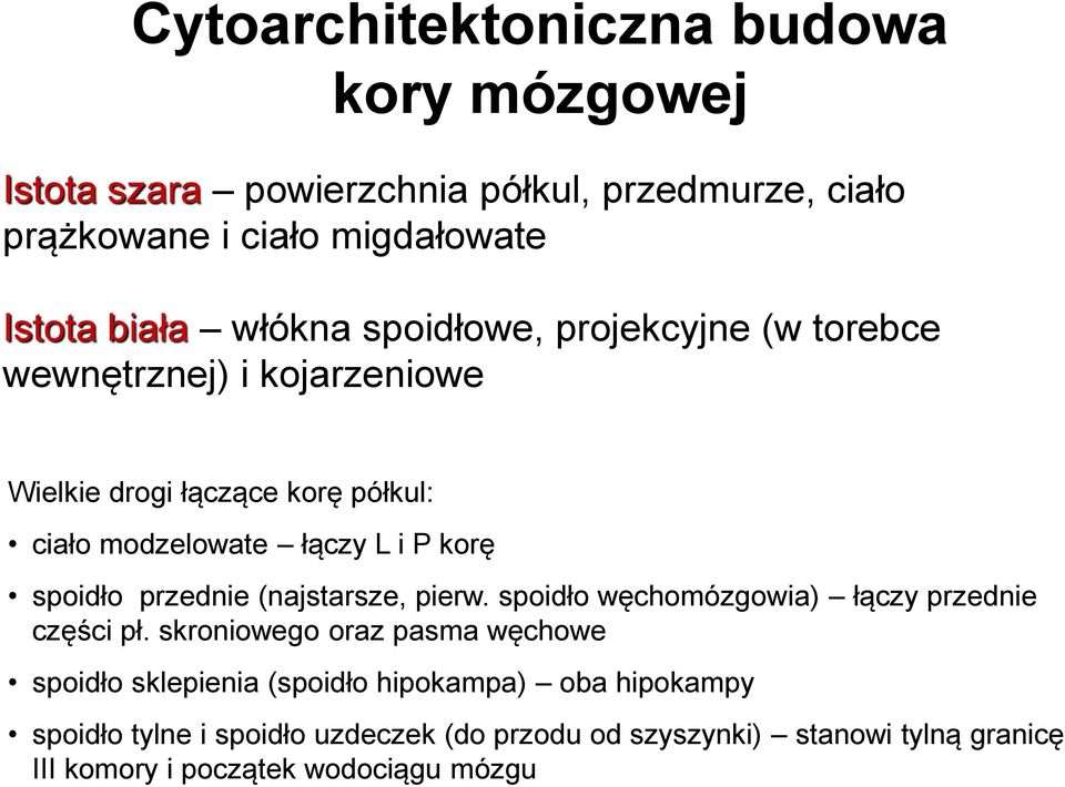 spoidło przednie (najstarsze, pierw. spoidło węchomózgowia) łączy przednie części pł.