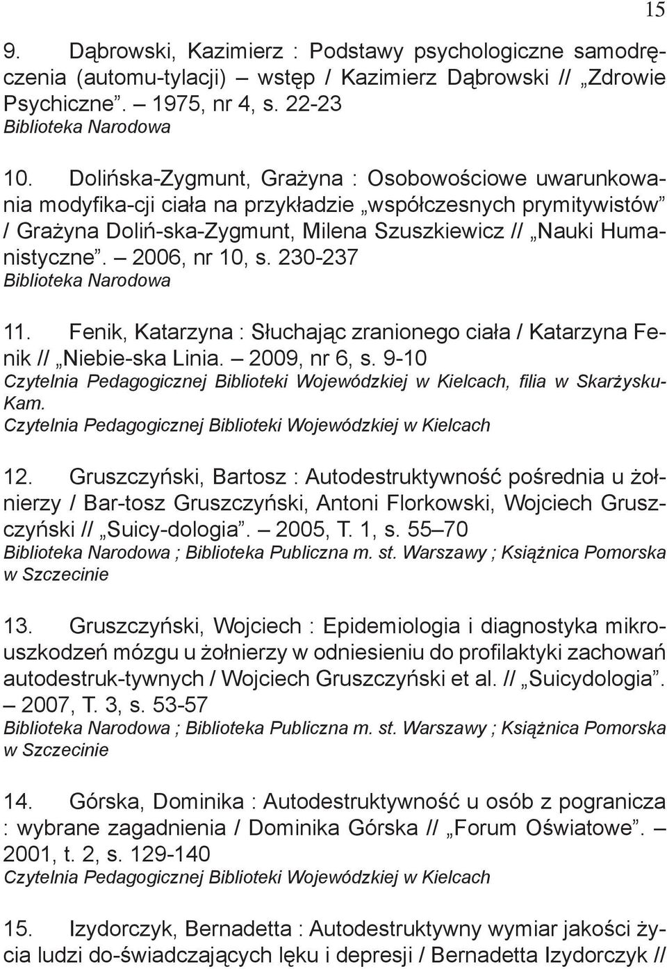 2006, nr 10, s. 230-237 11. Fenik, Katarzyna : Słuchając zranionego ciała / Katarzyna Fenik // Niebie-ska Linia. 2009, nr 6, s. 9-10, filia w Skarżysku- 12.