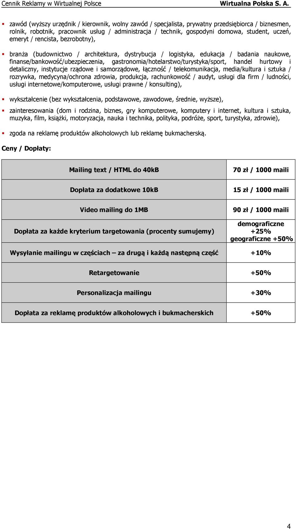 handel hurtowy i detaliczny, instytucje rządowe i samorządowe, łączność / telekomunikacja, media/kultura i sztuka / rozrywka, medycyna/ochrona zdrowia, produkcja, rachunkowość / audyt, usługi dla