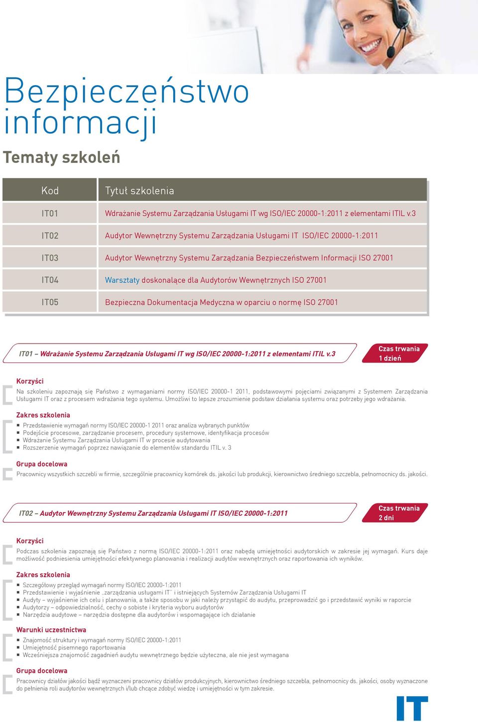 Audytorów Wewnętrznych ISO 27001 IT05 Bezpieczna Dokumentacja Medyczna w oparciu o normę ISO 27001 IT01 Wdrażanie Systemu Zarządzania Usługami IT wg ISO/IEC 20000-1:2011 z elementami ITIL v.