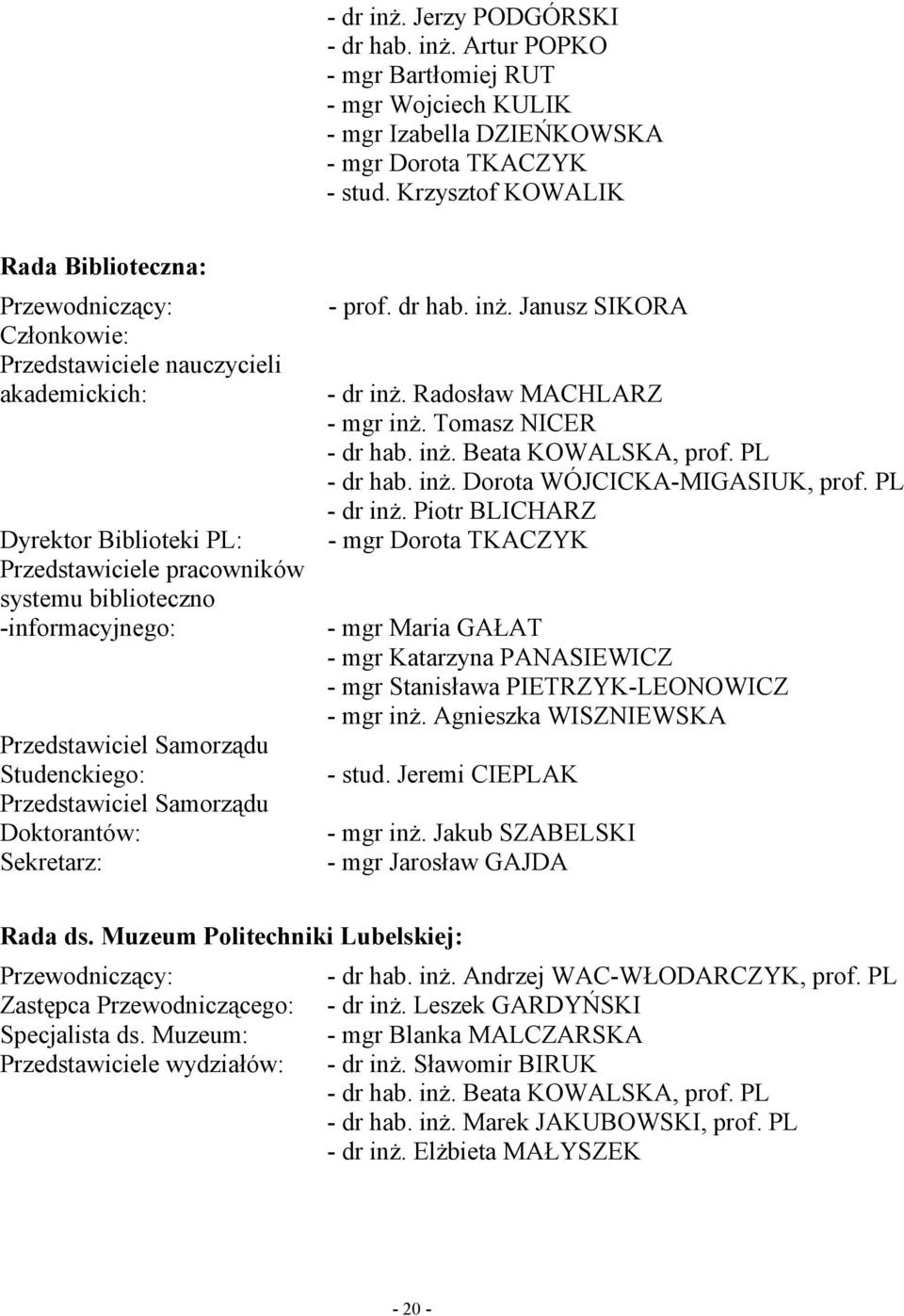 Przedstawiciel Samorządu Studenckiego: Przedstawiciel Samorządu Doktorantów: Sekretarz: - prof. dr hab. inż. Janusz SIKORA - dr inż. Radosław MACHLARZ - mgr inż. Tomasz NICER - dr hab. inż. Beata KOWALSKA, prof.