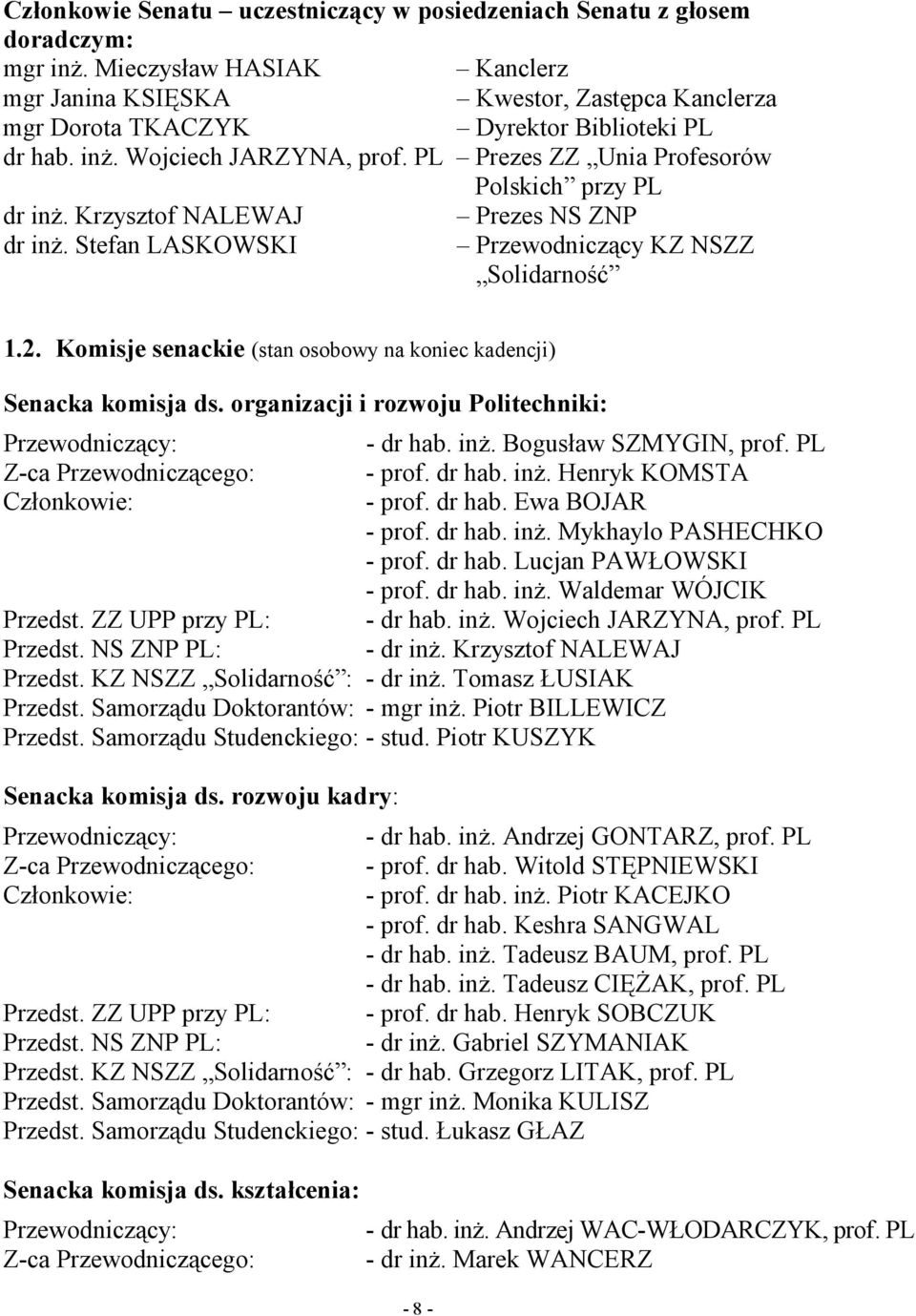 PL Prezes ZZ Unia Profesorów Polskich przy PL dr inż. Krzysztof NALEWAJ Prezes NS ZNP dr inż. Stefan LASKOWSKI Przewodniczący KZ NSZZ Solidarność 1.2.