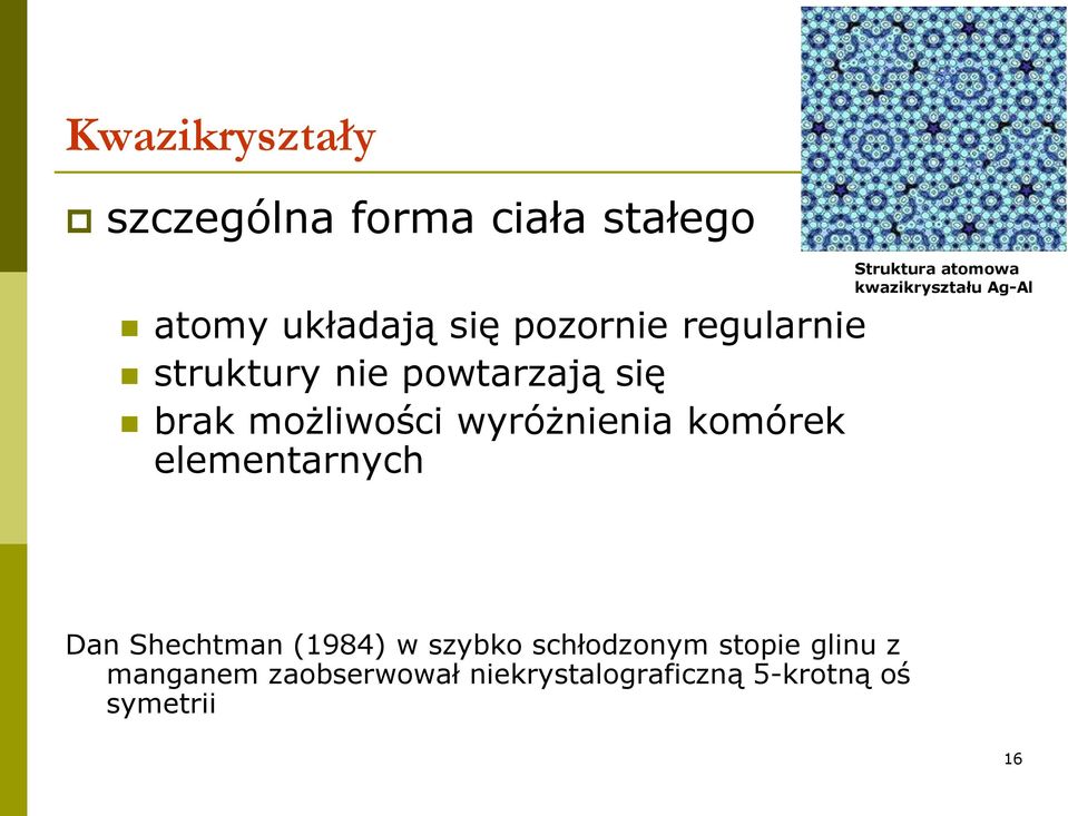 elementarnych Struktura atomowa kwazikryształu Ag-Al Dan Shechtman (1984) w