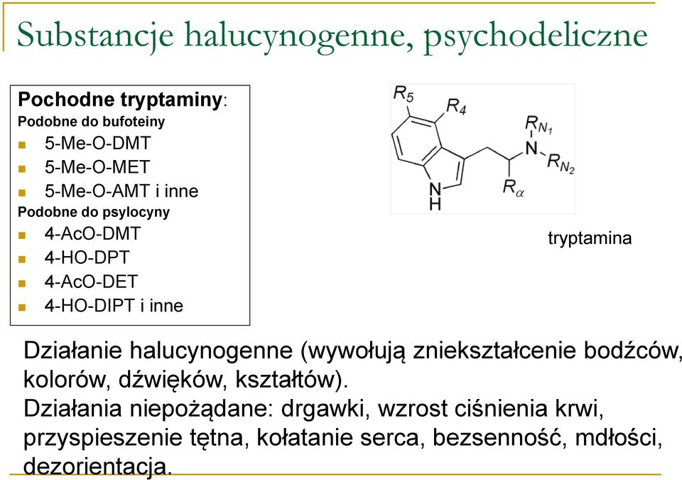 Działanie halucynogenne (wywołują zniekształcenie bodźców, kolorów, dźwięków, kształtów).