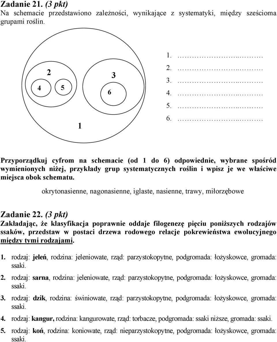 ... Przyporządkuj cyfrom na schemacie (od 1 do 6) odpowiednie, wybrane spośród wymienionych niżej, przykłady grup systematycznych roślin i wpisz je we właściwe miejsca obok schematu.