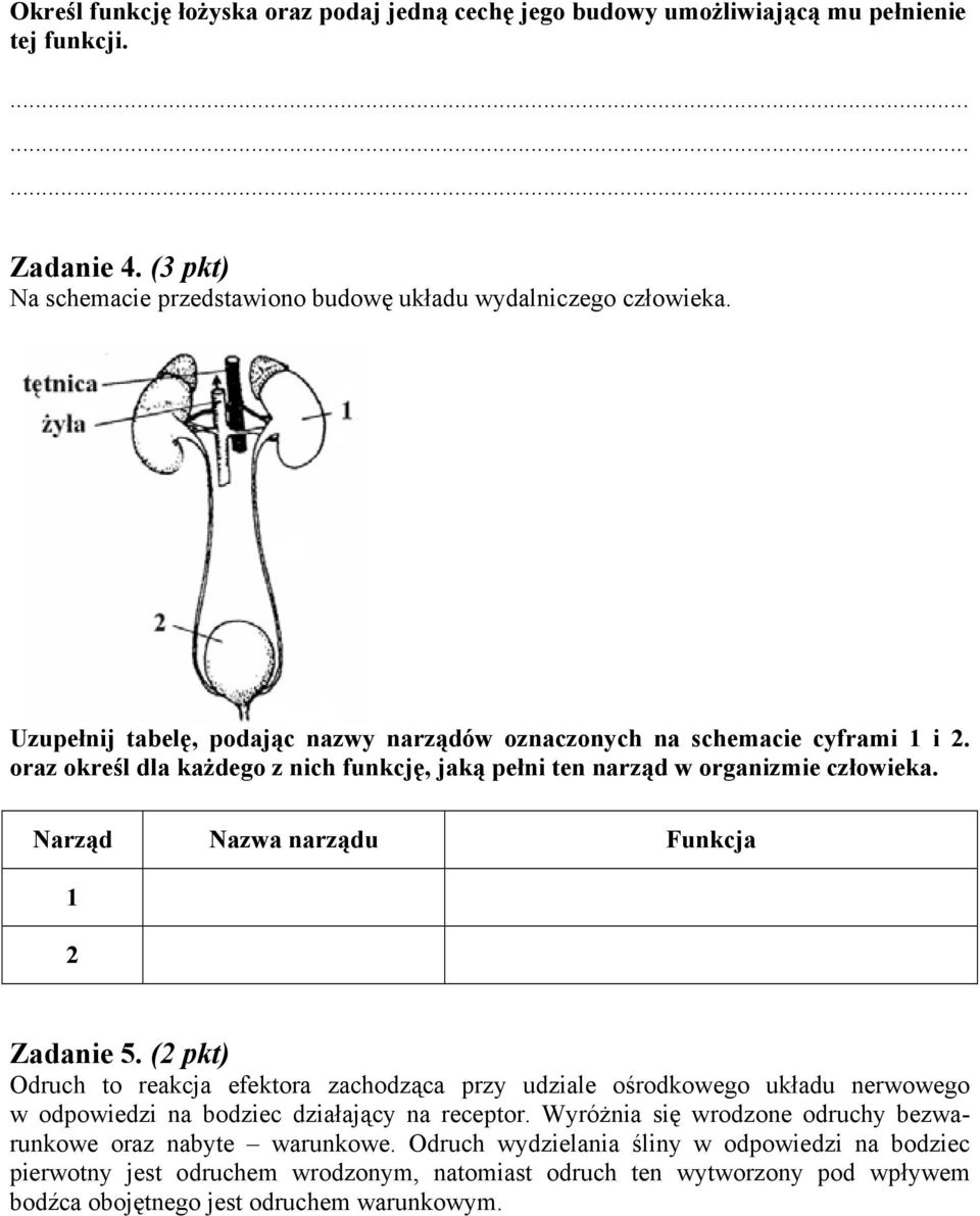 Narząd Nazwa narządu Funkcja 1 Zadanie 5. ( pkt) Odruch to reakcja efektora zachodząca przy udziale ośrodkowego układu nerwowego w odpowiedzi na bodziec działający na receptor.