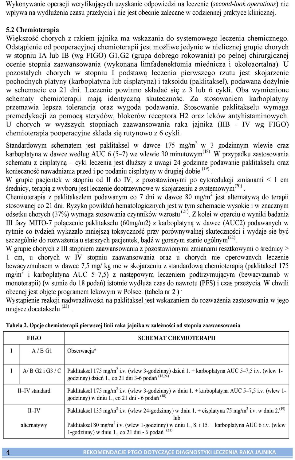 Odstąpienie od pooperacyjnej chemioterapii jest możliwe jedynie w nielicznej grupie chorych w stopniu IA lub IB (wg FIGO) G1,G2 (grupa dobrego rokowania) po pełnej chirurgicznej ocenie stopnia